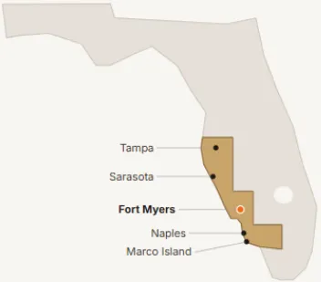 McLeod's Construction service area map covering Lee, Collier and Charlotte County restoration projects in Southwest Florida