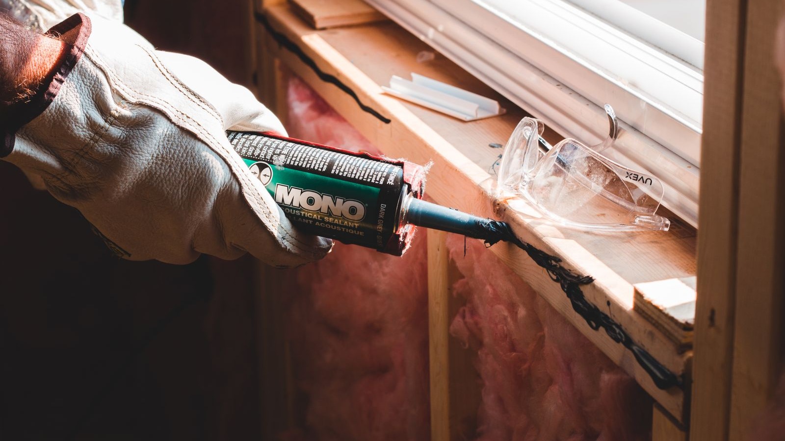 A gloved worker applying sealant along a joint during a waterproofing installation