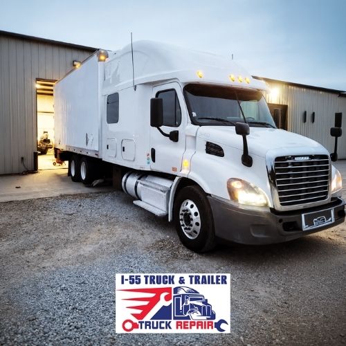 White semi truck with an extended sleeper parked at the I-55 Truck & Trailer Repair shop