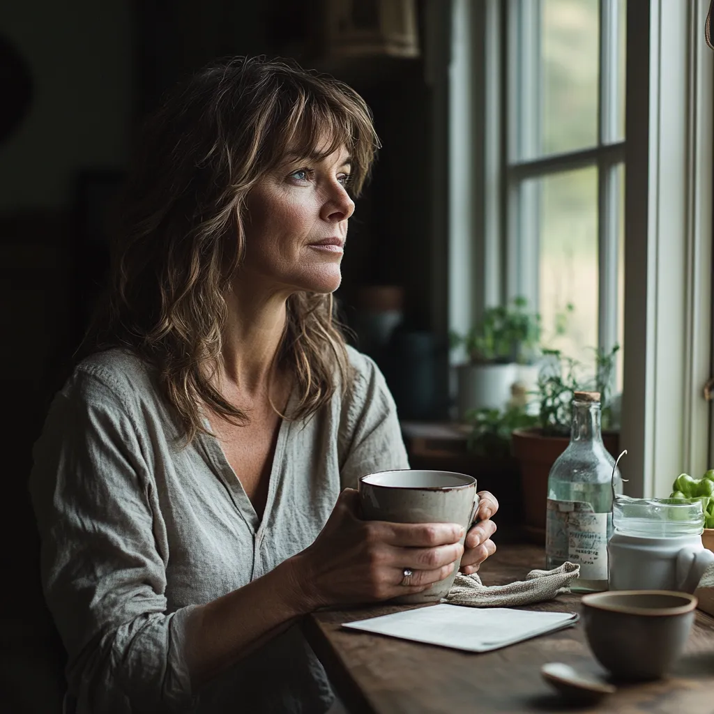 Thoughtful woman sitting by a window holding a cup in both hands, gazing outside with a reflective expression. She is surrounded by a cozy wooden interior with a few plants, a bottle, and a notepad on the table, suggesting a moment of quiet contemplation or peaceful solitude.
