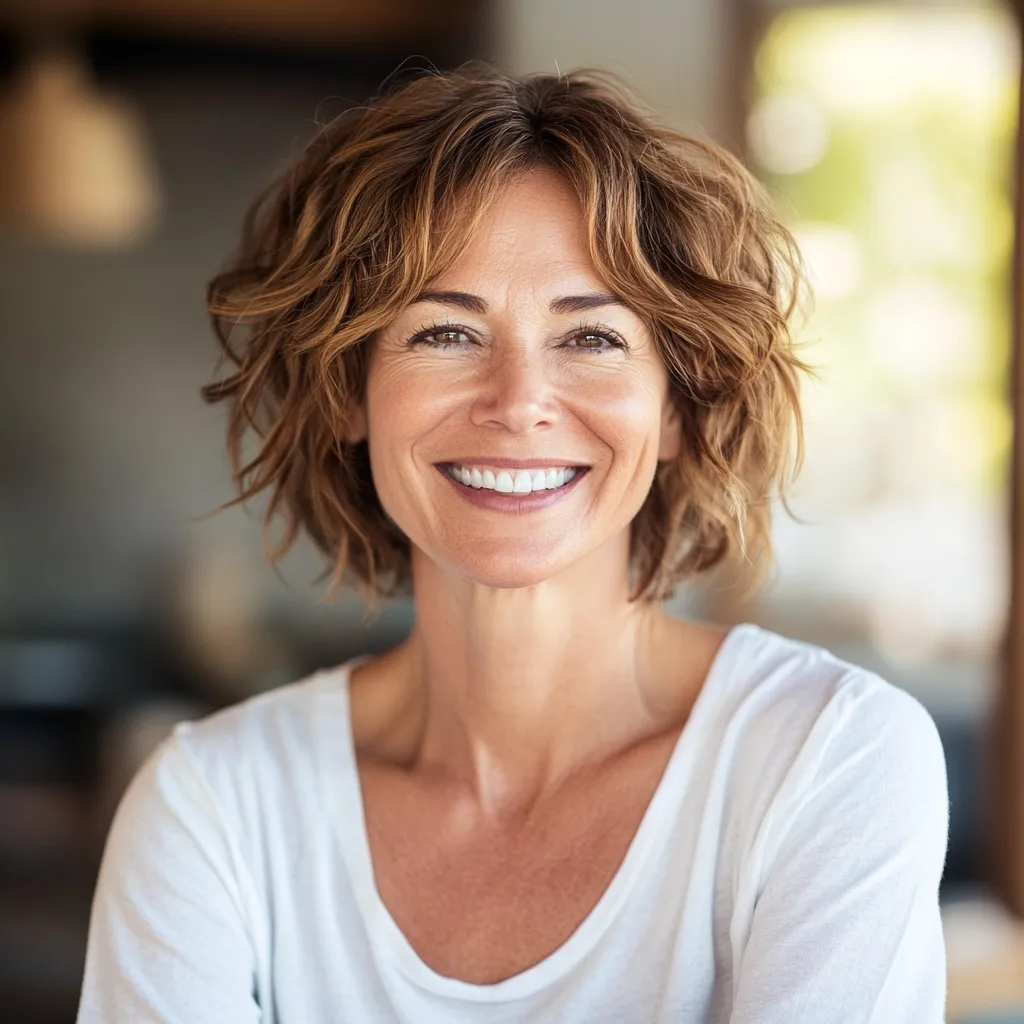 Smiling middle-aged woman with short, wavy brown hair wearing a white top. She is sitting indoors in a warmly lit space, radiating warmth, confidence, and approachability.