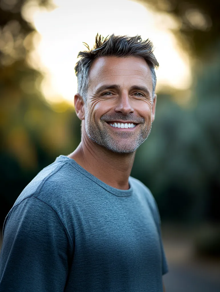 Middle-aged man with short, styled hair and a salt-and-pepper beard, smiling warmly while standing outdoors in natural sunlight. He is wearing a casual grey t-shirt and appears relaxed and confident.