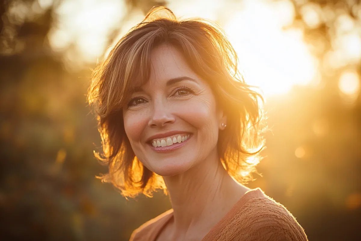 Smiling woman with short, wavy hair standing outdoors at golden hour. She is wearing a light orange top and is bathed in warm sunlight, giving the scene a cheerful and radiant feel.