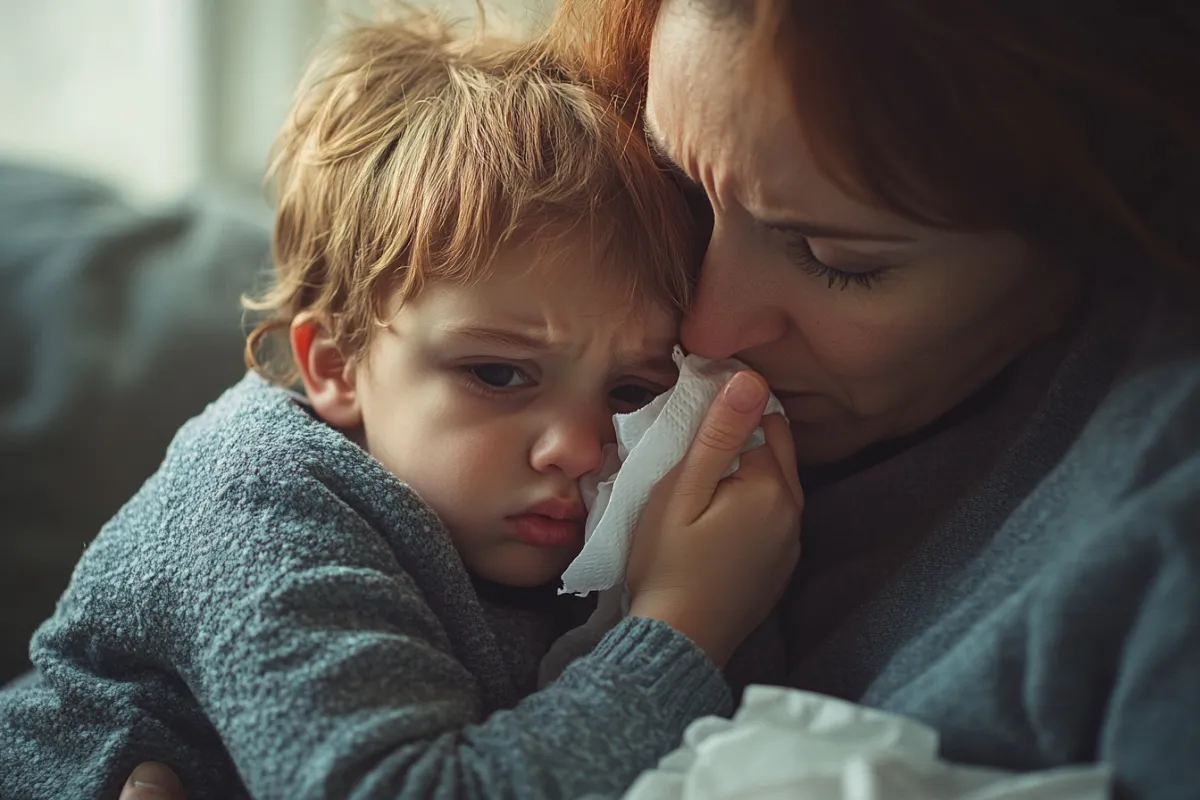 Concerned mother comforting her unwell child, holding a tissue to the child’s nose. Both are wearing cozy grey sweaters, and the child looks tired and upset, highlighting a tender caregiving moment.