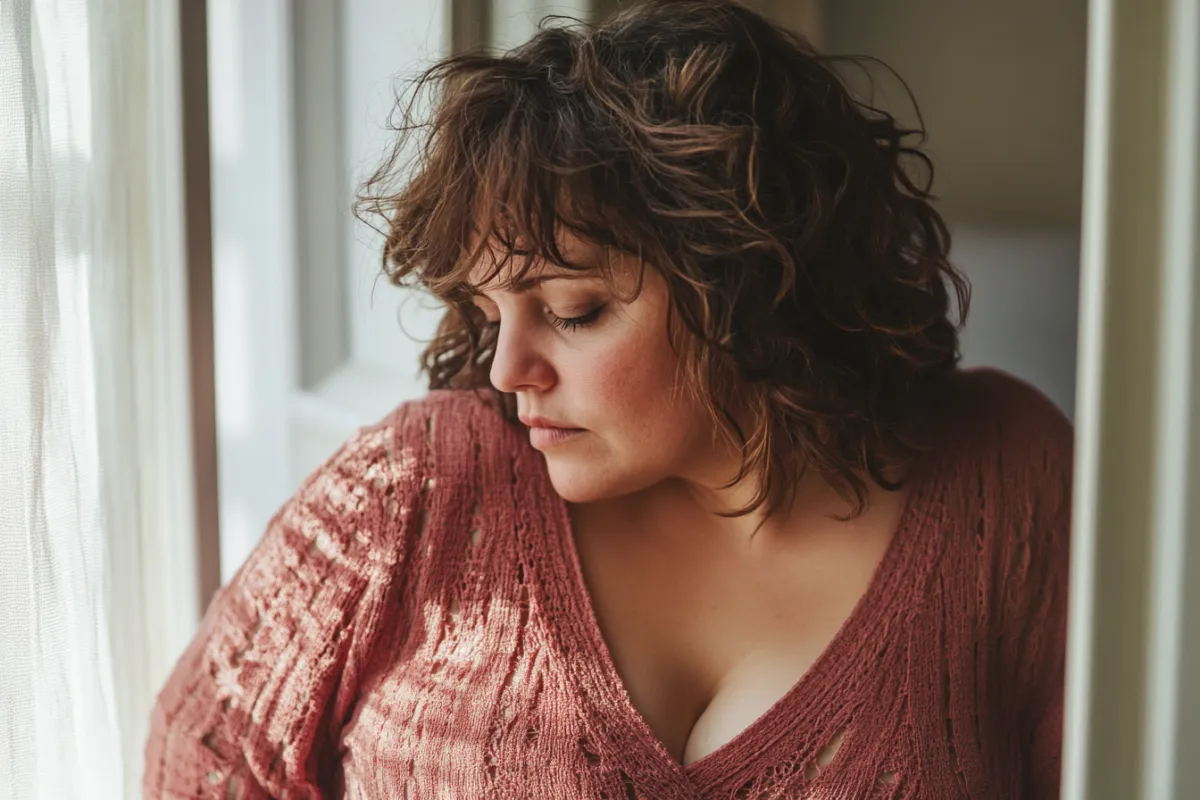 Woman with curly hair wearing a textured pink sweater, standing quietly by a window with a soft, contemplative expression. Natural light filters through the curtains, creating a gentle and introspective atmosphere.