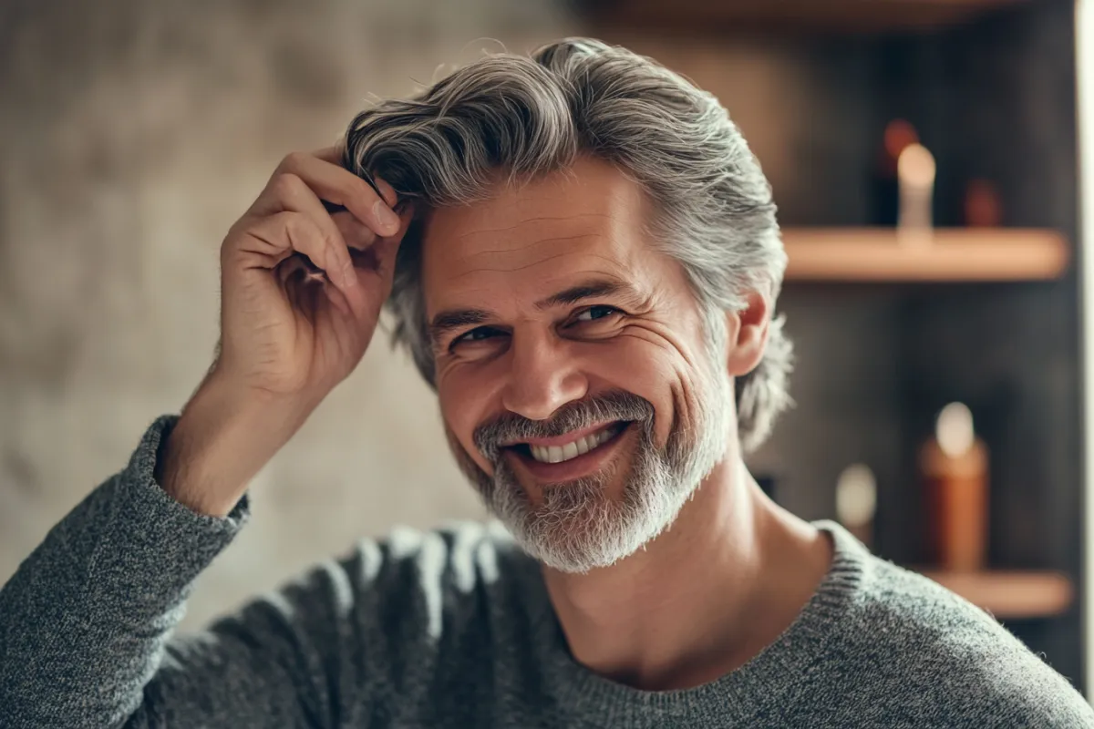 Confident older man with grey hair and a beard smiling warmly at the camera. He is wearing a casual grey sweater and gently touching his hair, exuding charm and friendliness in a relaxed indoor setting.