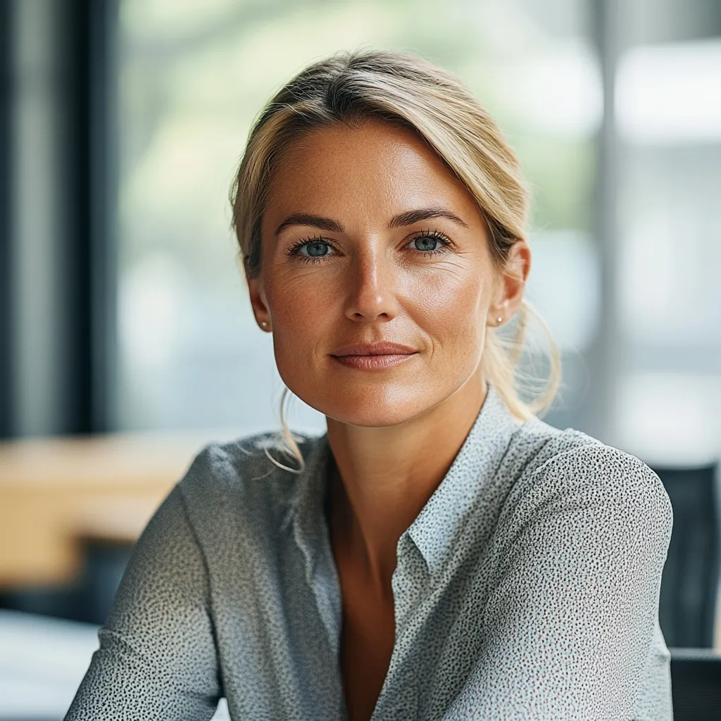 Confident woman with blonde hair tied back, wearing a light patterned blouse, seated indoors with soft natural light coming through large windows. She has a calm, professional expression, suggesting a business or office setting.