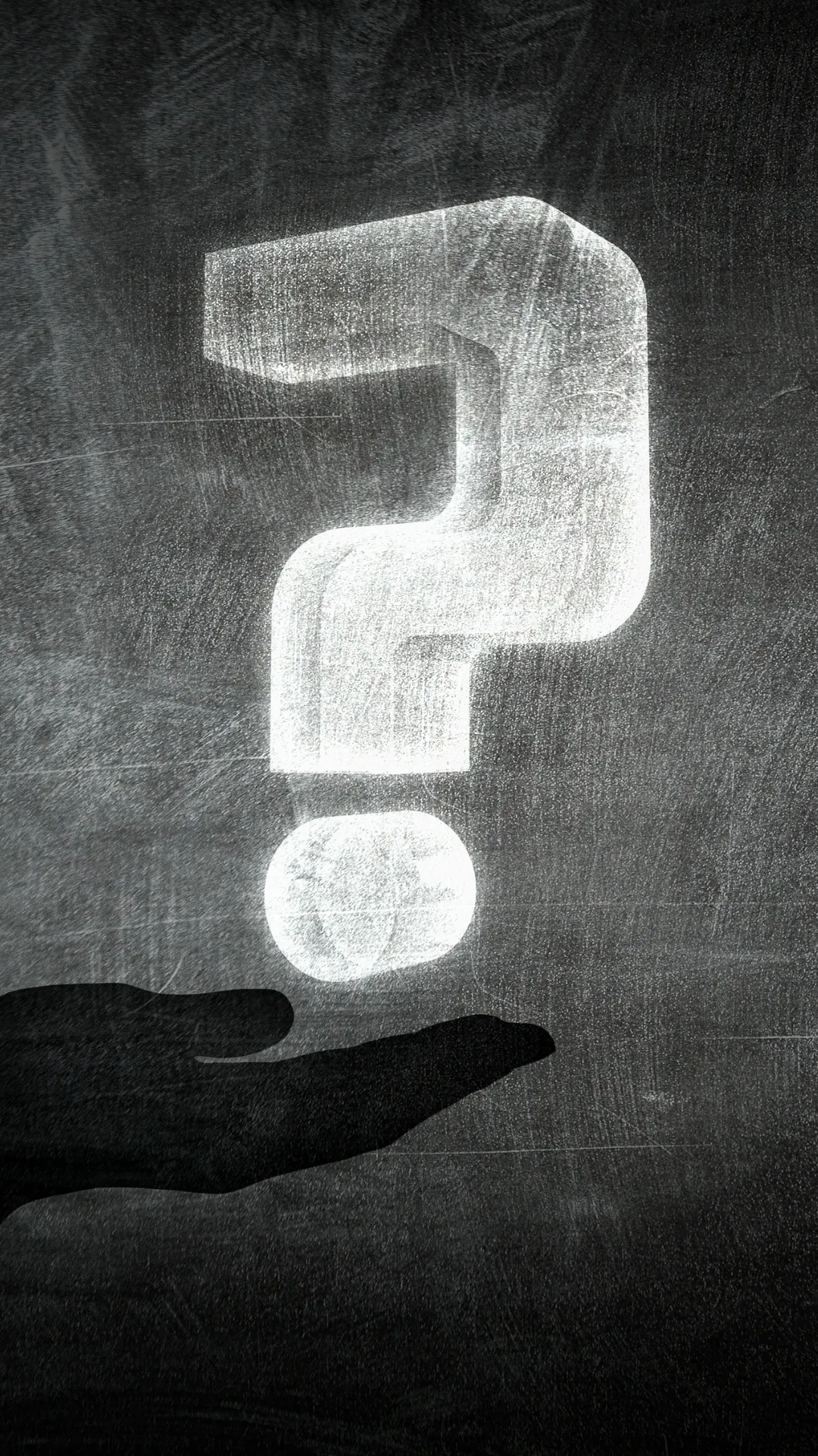 Chalk-style question mark drawn on a dark textured background, appearing to hover above an open hand silhouette, symbolizing curiosity, inquiry, or seeking answers.