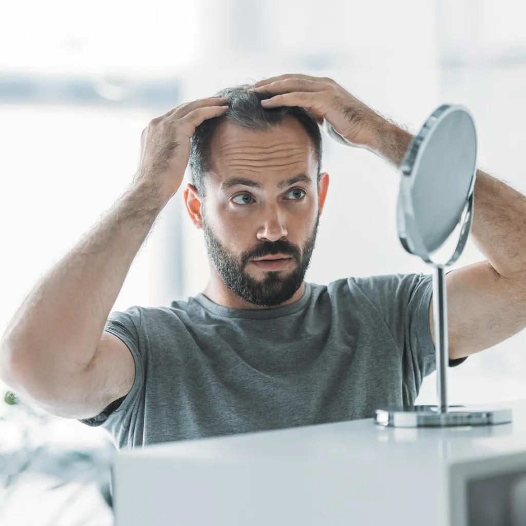 Concerned man with a beard examining his scalp in a small round mirror while touching his hair with both hands. He appears to be checking for signs of hair loss or thinning.