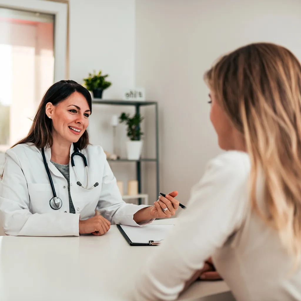 Female doctor smiling while speaking with a patient across the desk in a bright, welcoming office. The doctor has a stethoscope around her neck and a clipboard in front of her, suggesting a friendly and informative medical consultation.