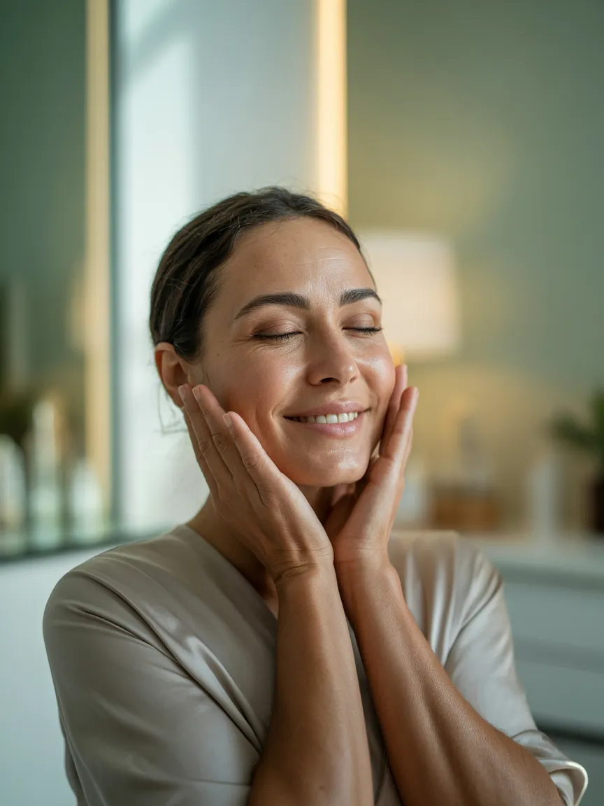 Smiling woman wearing glasses and a white lab coat over a dark blouse, standing confidently with hands on hips. She has straight, shoulder-length hair with highlights and is looking directly at the camera.
