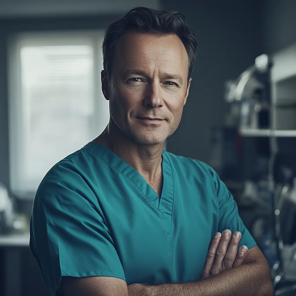 Confident male doctor wearing teal scrubs, standing with arms crossed in a medical setting. He has short hair and a calm, professional expression, with medical equipment and a window softly lit in the background.