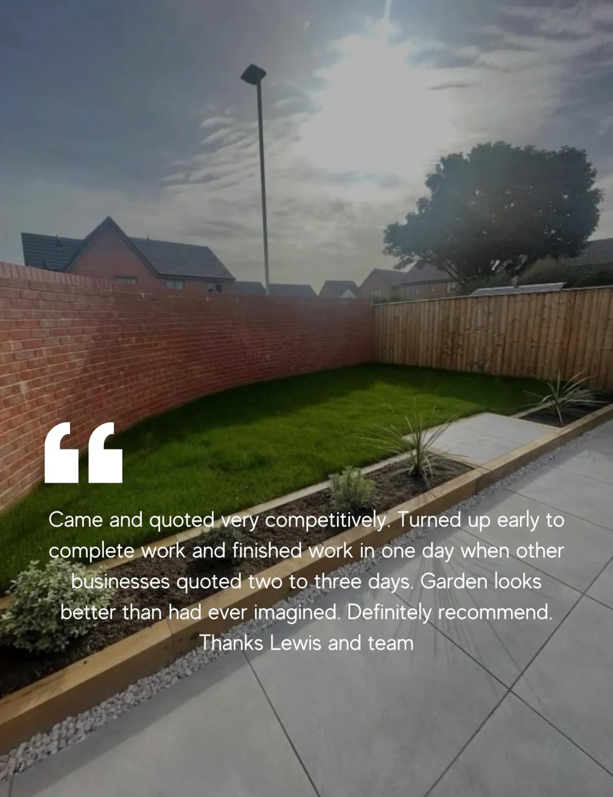 Customer review for Batchelors Landscapes in Mansfield, praising our competitive quote for garden redesign and landscaping services