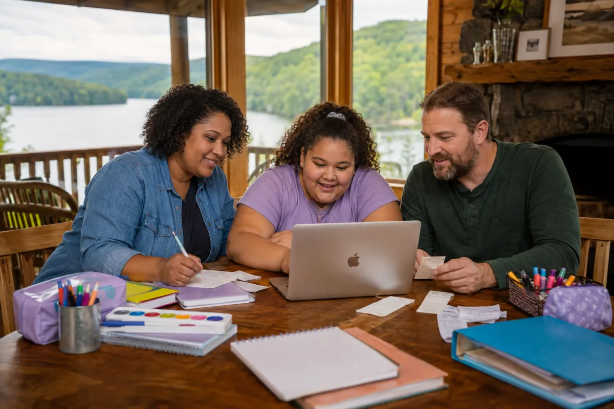 Arkansas family reviewing EFA funding rules on a Macintosh computer by an Ozark lake