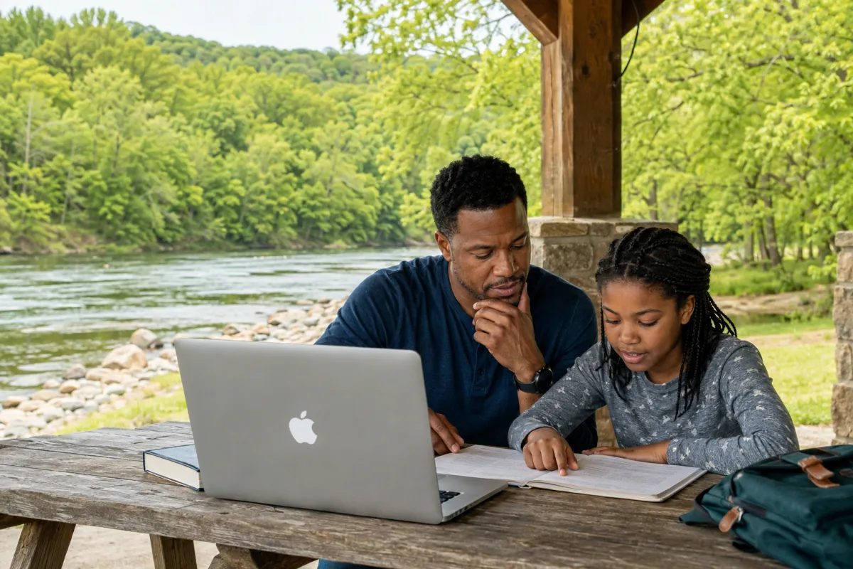 Arkansas father and daughter considering homeschool testing on a Macintosh computer beside a river