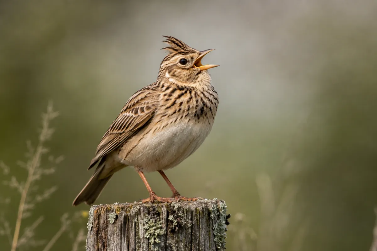 A small songlark perched on a weathered wooden post, beak open mid-song, against a soft green background.