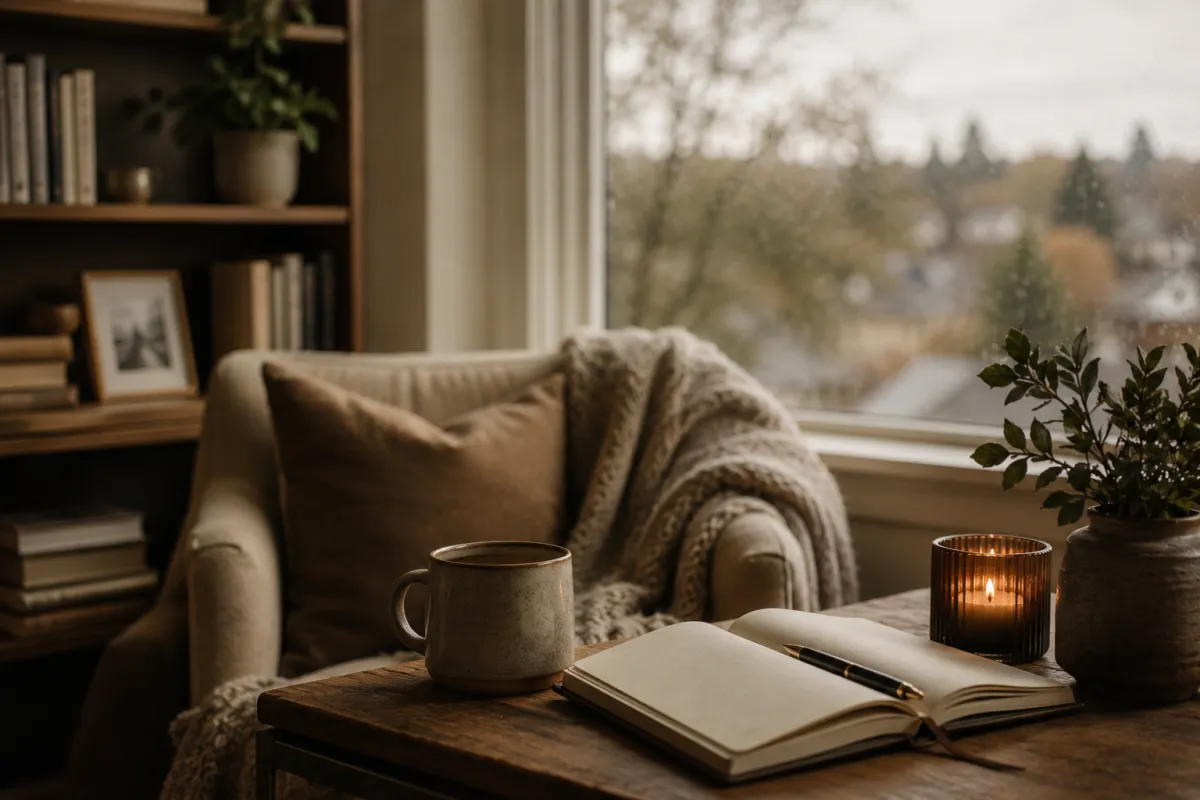 A cozy reading nook with an open notebook, ceramic mug, and lit candle on a warm wooden table beside a window overlooking bare autumn trees.