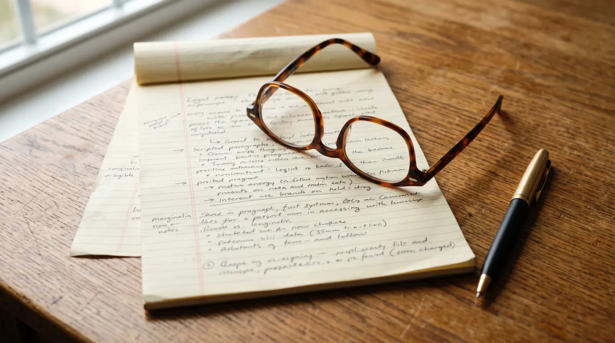 Reading glasses resting on an open notepad with a pen on a warm wooden surface, soft natural light, editorial style.