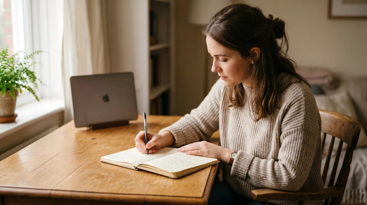 A person sits upright at a clean wooden desk, writing purposefully in an open notebook, with a laptop softly blurred in the background and warm natural light coming through a nearby window.