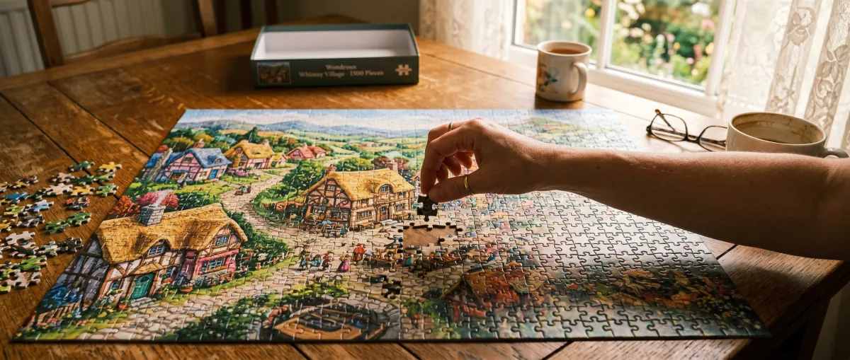 Hands working on a colorful jigsaw puzzle spread across a warm wooden table in natural light.