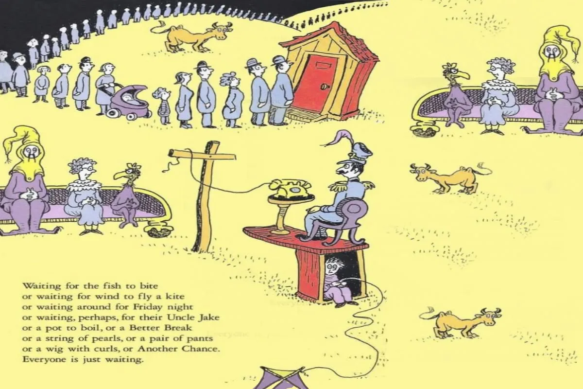 Dr. Seuss illustration representing the idea of waiting, with a whimsical character standing in a reflective scene.