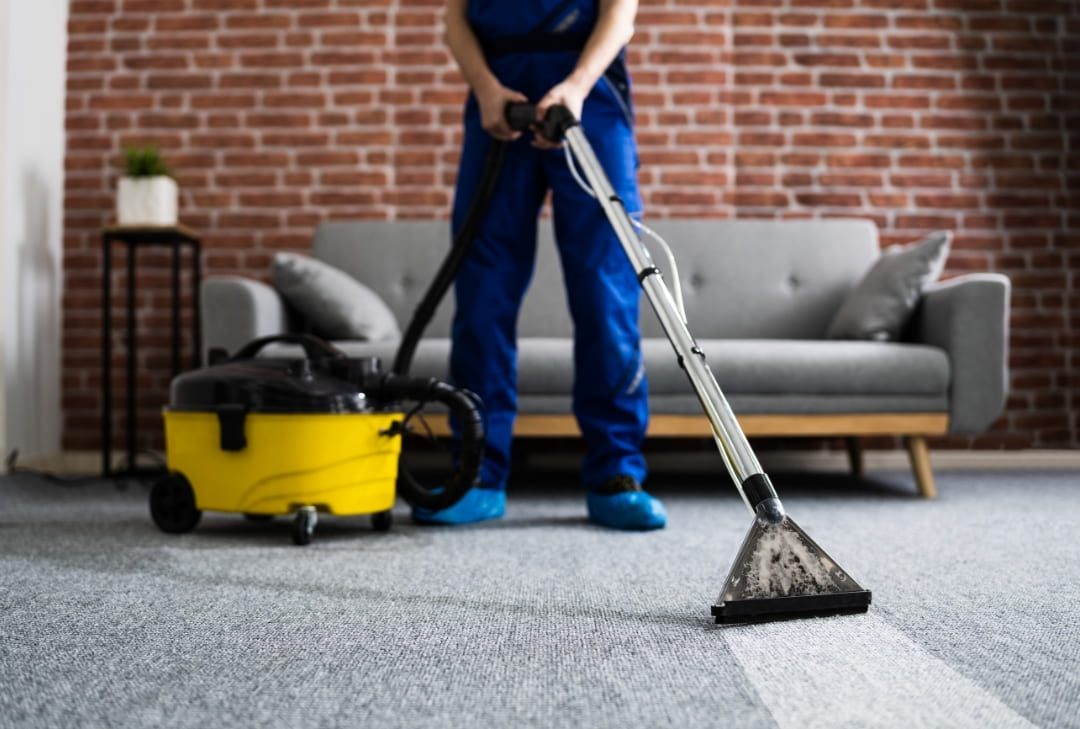 carpet cleaner standing on gray carpet with cleaning machine