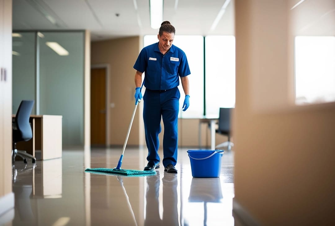 janitor cleaning the floors of a commercial building with a mop