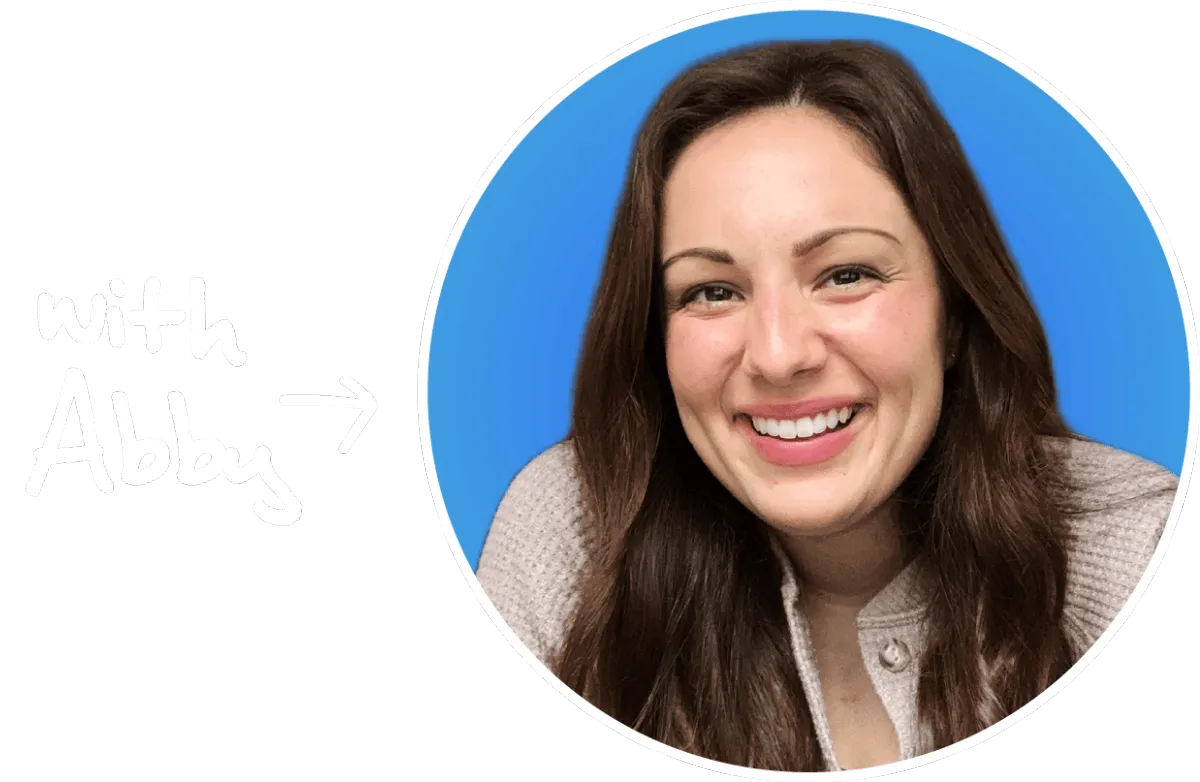 Book a demo call picture of Abby Castillo with handwritting that says "with abby" and an arrow pointing to her face