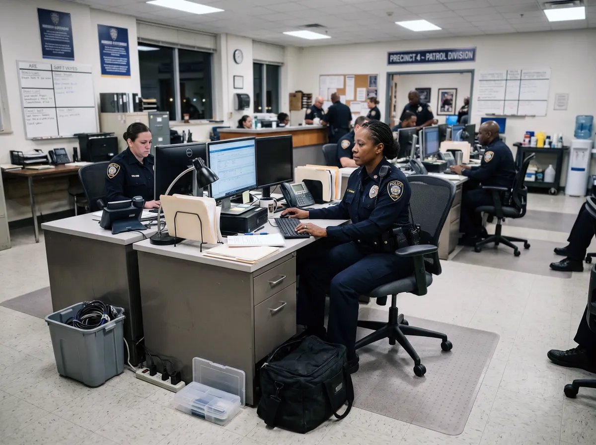 Officers working at their desks in a police patrol division office