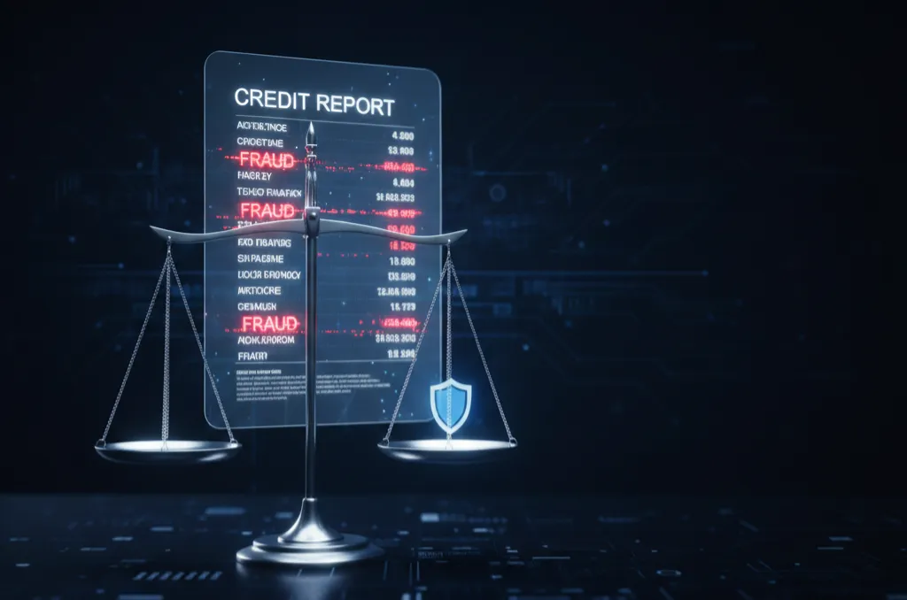 Digital credit report displaying fraud alerts behind scales of justice, representing identity theft disputes and consumer rights under the FCRA.