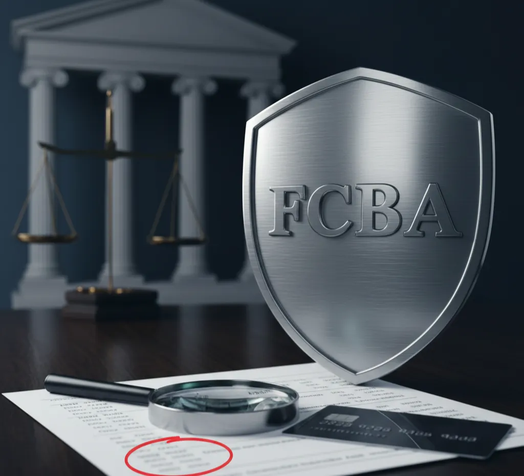 Close-up of a metallic FCBA shield symbolizing consumer protection, positioned next to a credit card and financial paperwork under review, with a blurred courthouse behind it. 
