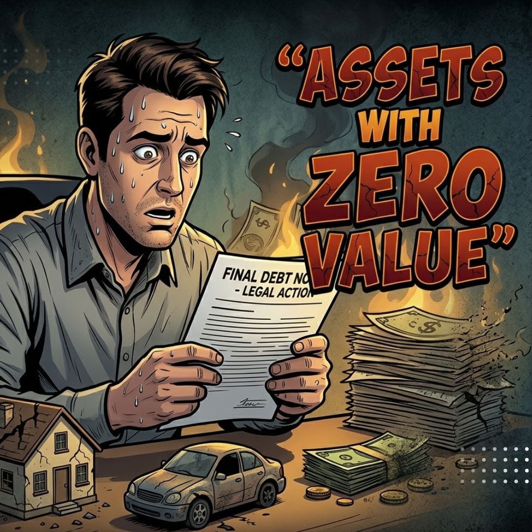 Man reading a debt collection notice with “assets with zero value” text, representing debt defense and financial stress caused by collectors