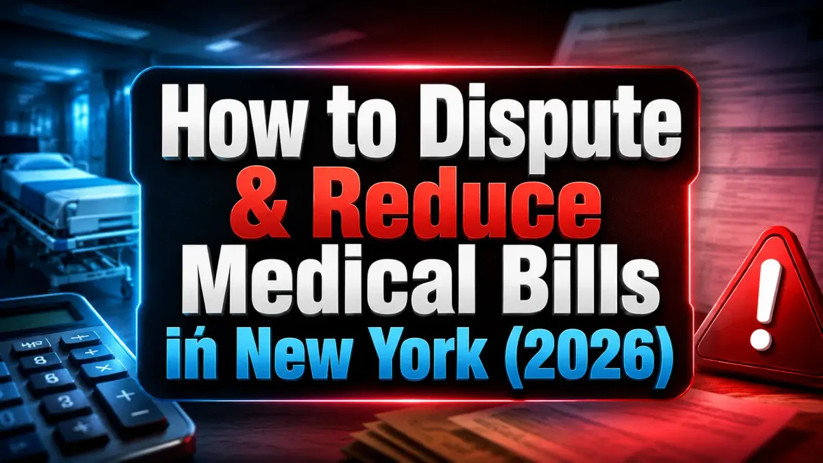 How to Dispute & Reduce Medical Bills in New York (2026) thumbnail featuring bold centered text, a hospital bed, calculator, medical bills, and a red warning symbol.