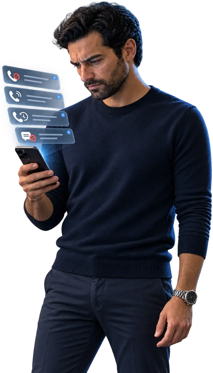 Concerned man checking unwanted call alerts