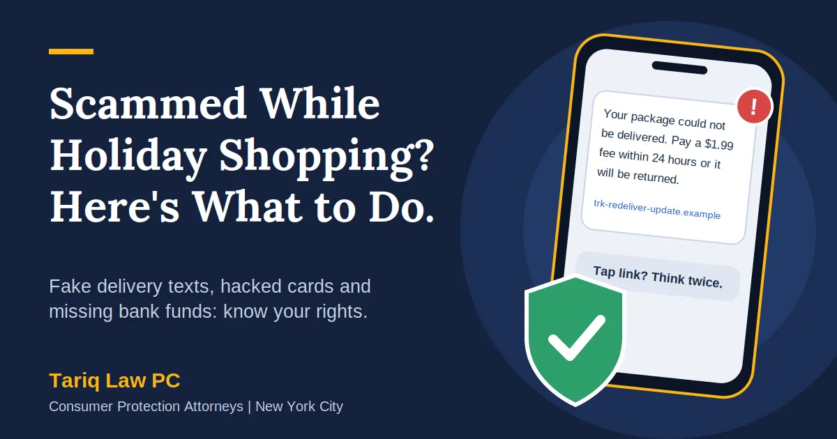 Graphic titled "Scammed While Holiday Shopping? Here's What to Do" by Tariq Law PC, featuring a smartphone displaying a phishing text message about a package delivery fee.