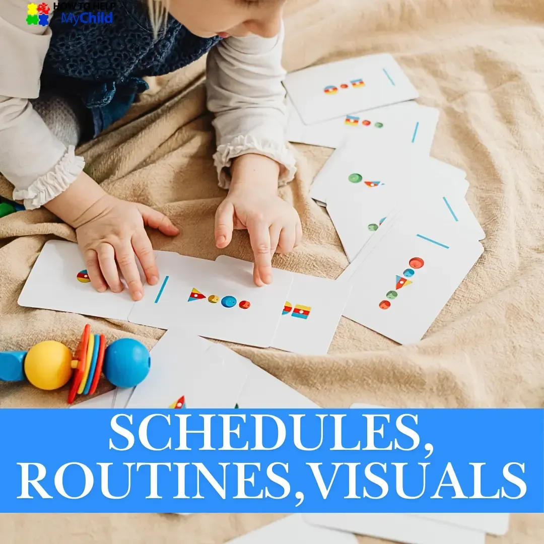 Young child pointing to visual schedule cards. Establishing routines to reduce meltdowns in neurodiverse children with autism or ADHD. Daily predictability from How to Help My Child.