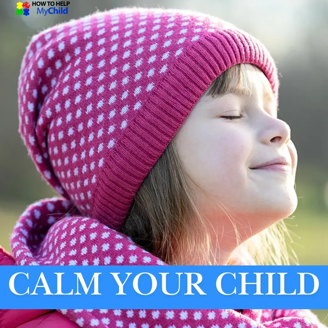 Smiling girl with closed eyes enjoying a quiet moment outdoors – calming strategies for autism and ADHD from How to Help My Child.