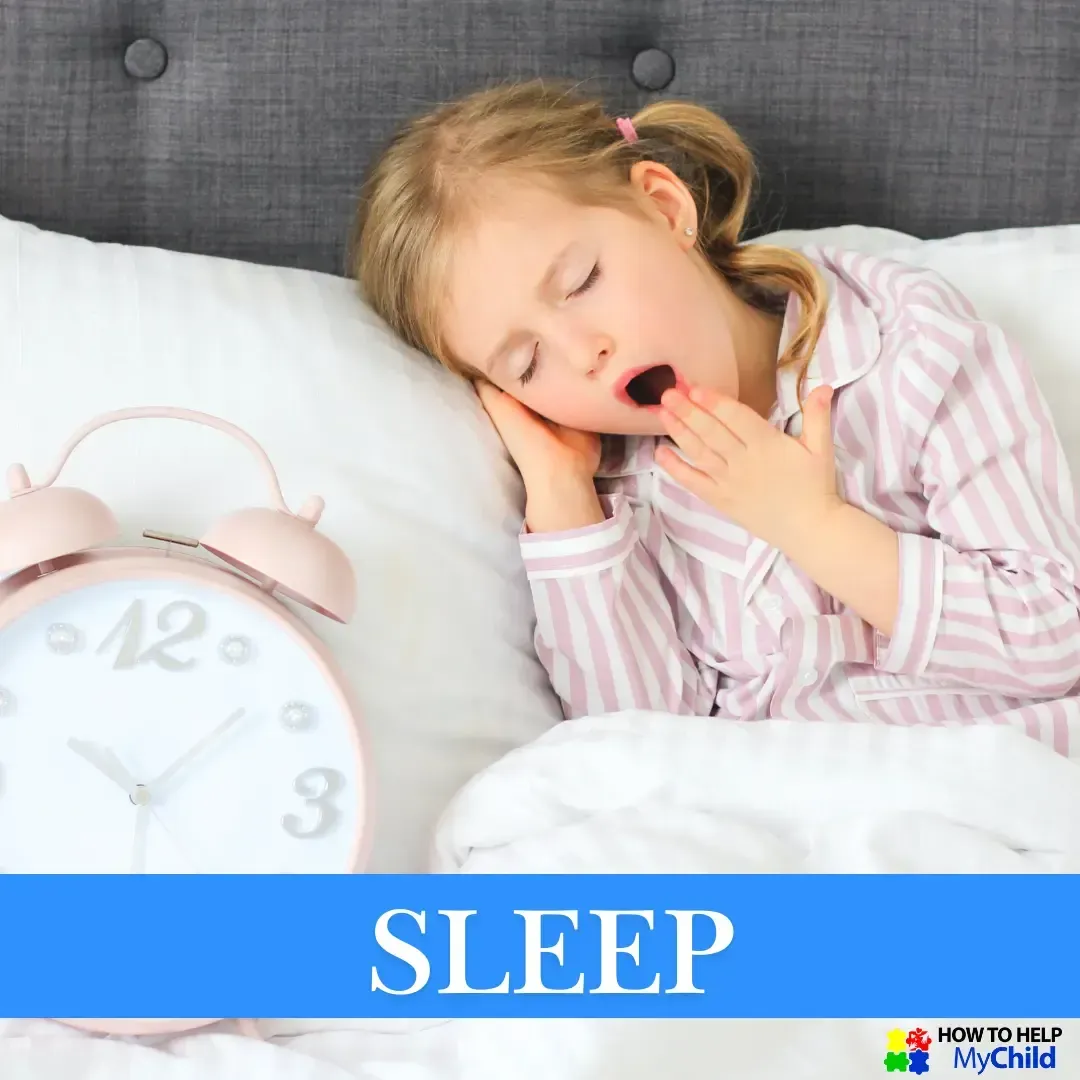 Little girl yawning in bed with an alarm clock beside her. Sleep struggles are common for kids with autism and ADHD—this image supports bedtime routine tools from How to Help My Child.
