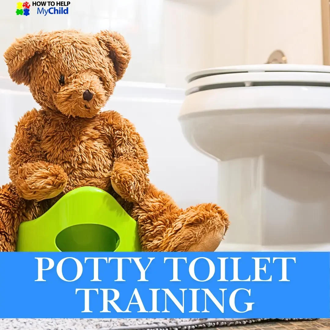 Teddy bear on a potty next to a toilet. Visual and routine-based toilet training support for autistic and ADHD children. Gentle strategies from How to Help My Child.