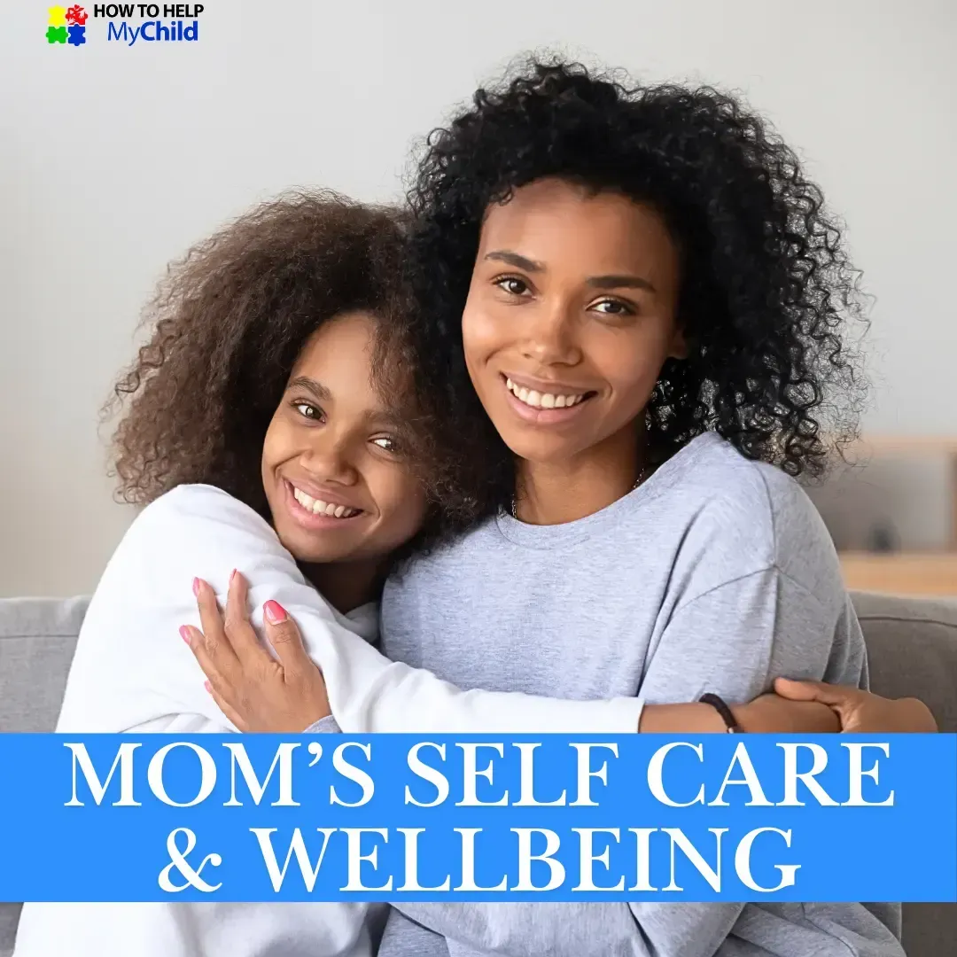 Mom and daughter hugging on a couch, both smiling. Self-care and mental health for moms raising neurodiverse kids with autism or ADHD. From the heart of How to Help My Child.