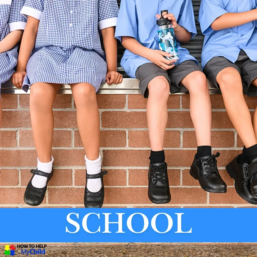 Children in school uniforms sitting on a bench. Navigating school routines, transitions, and meltdowns for kids with ADHD, autism, or sensory needs. Resources from How to Help My Child.