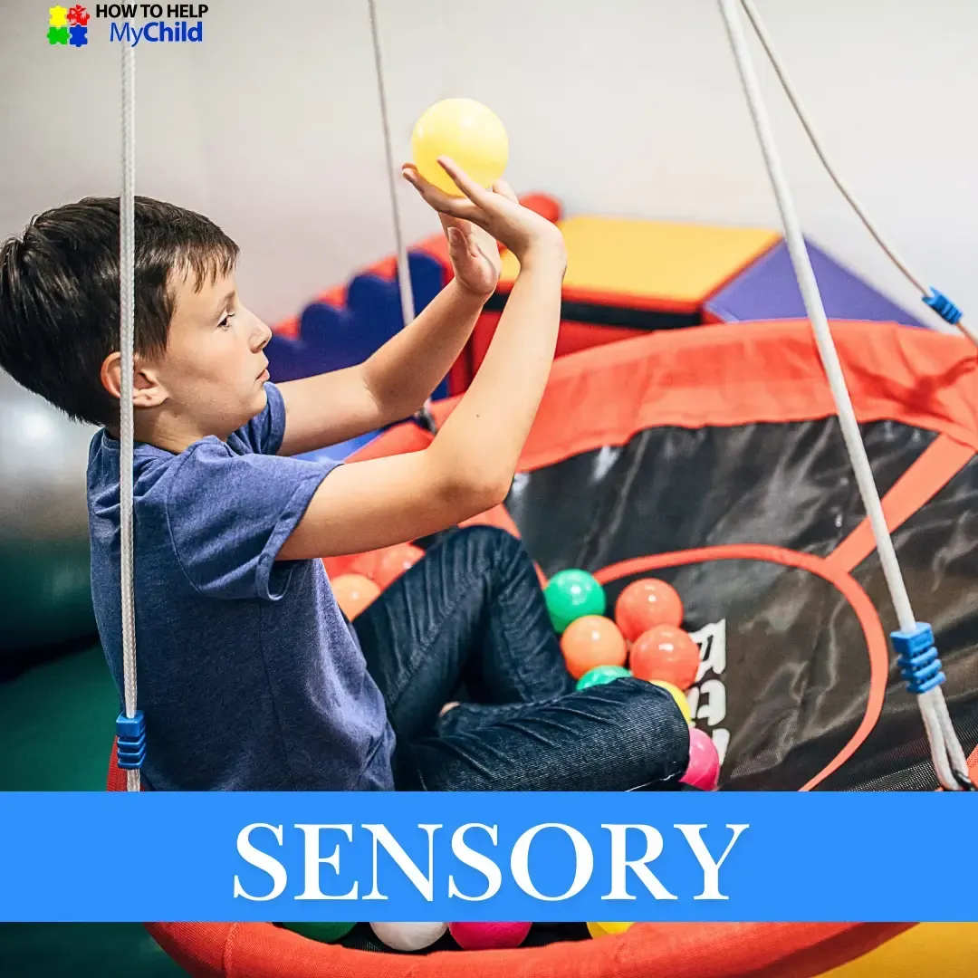 Child in a sensory room with balls and a swing. Supporting sensory processing needs for neurodiverse kids with ADHD and autism. Calm-down spaces by How to Help My Child.