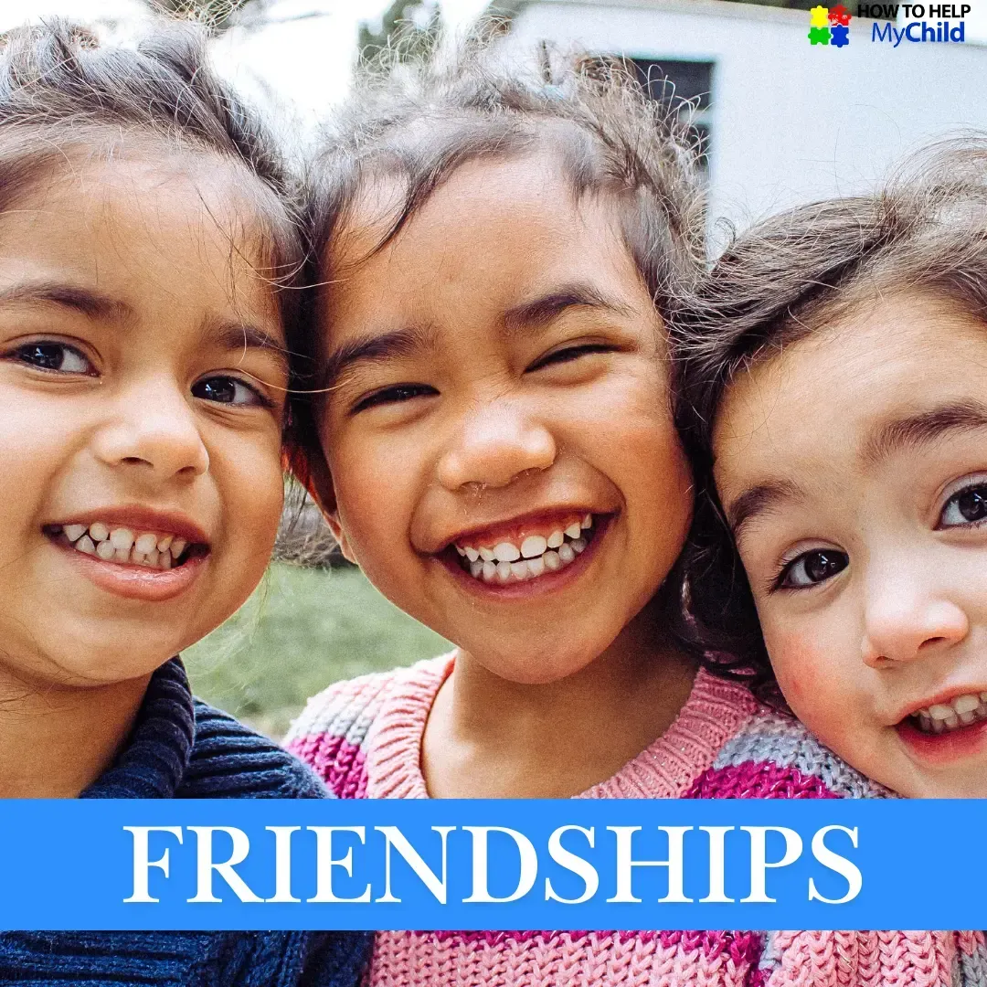 Three smiling children close together – showing friendship and connection for kids with autism and ADHD. Promoting social success through How to Help My Child.