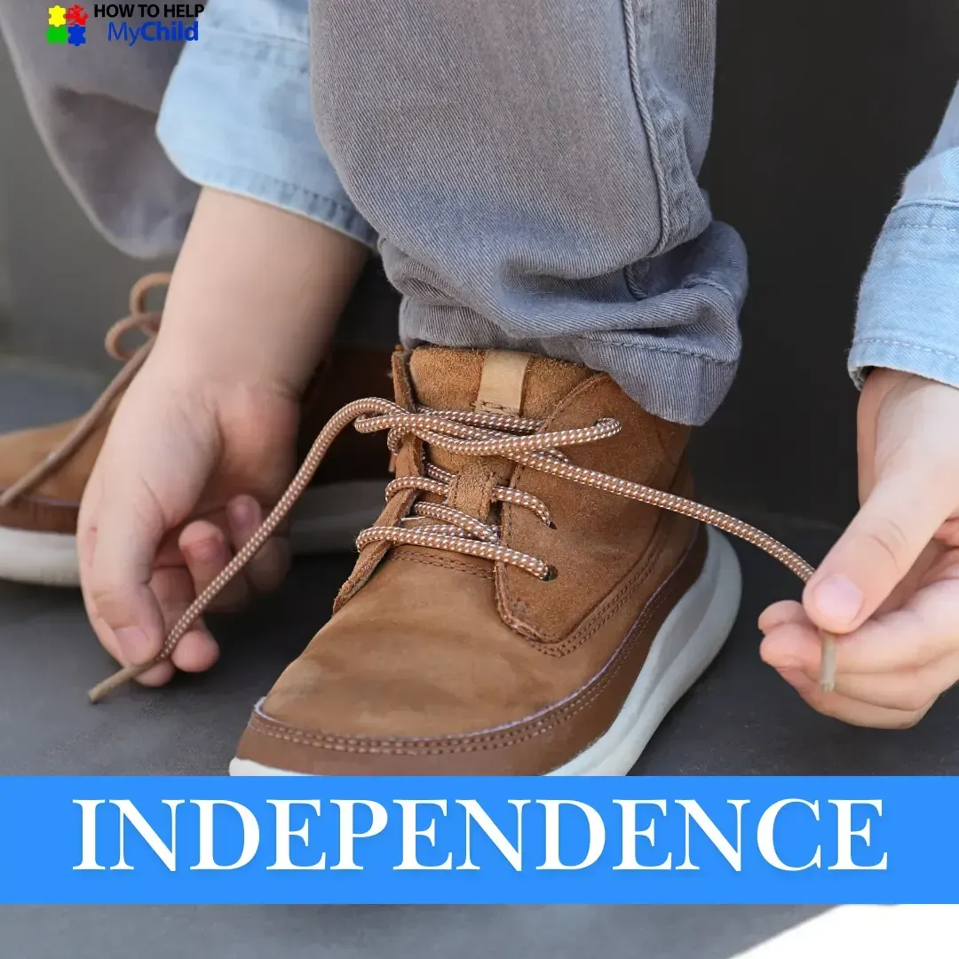 Child tying shoelaces independently. Building independence for kids with ADHD, autism, and executive functioning struggles. Visuals and supports from How to Help My Child.