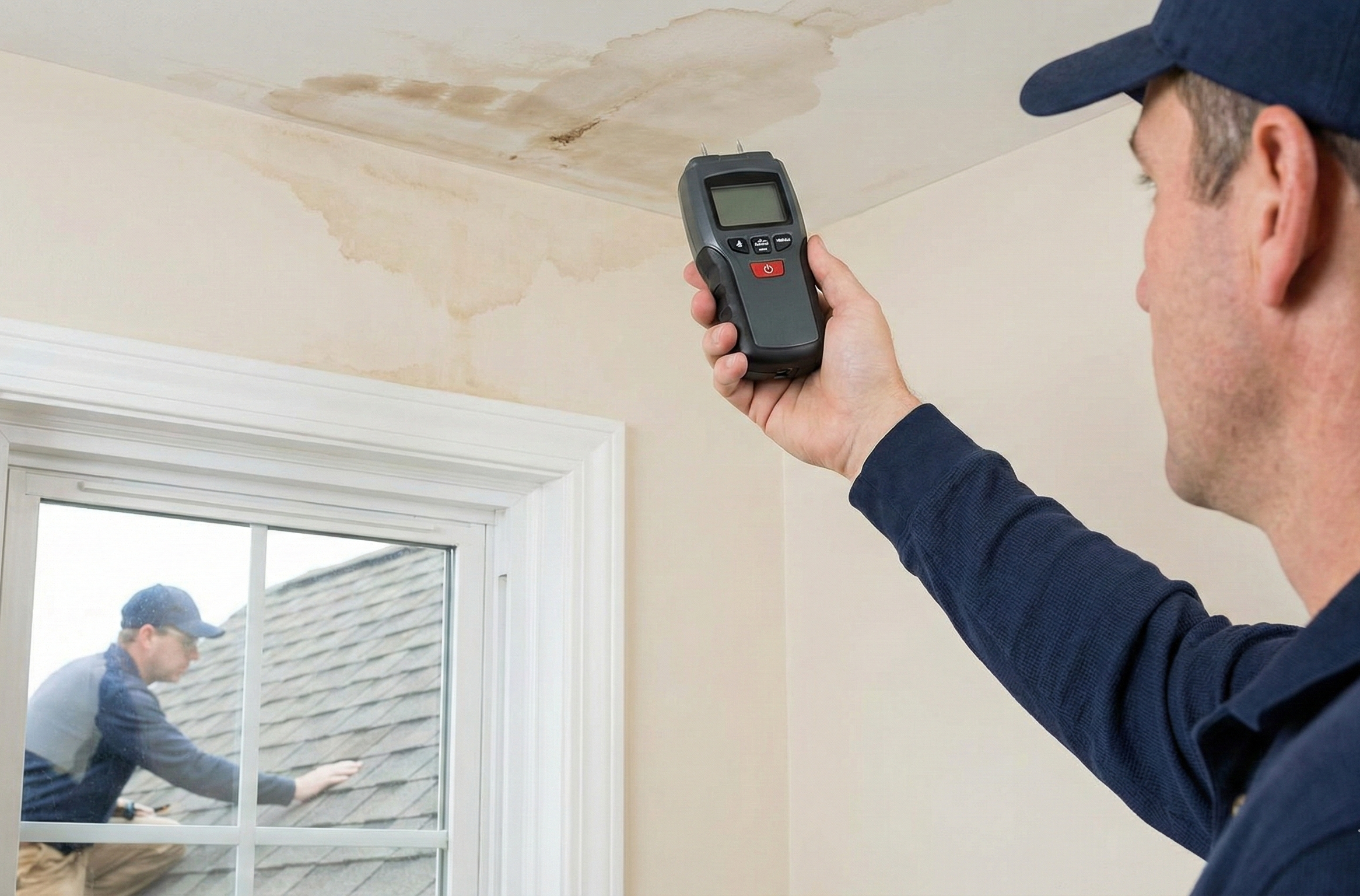 two men working on the roof of a house