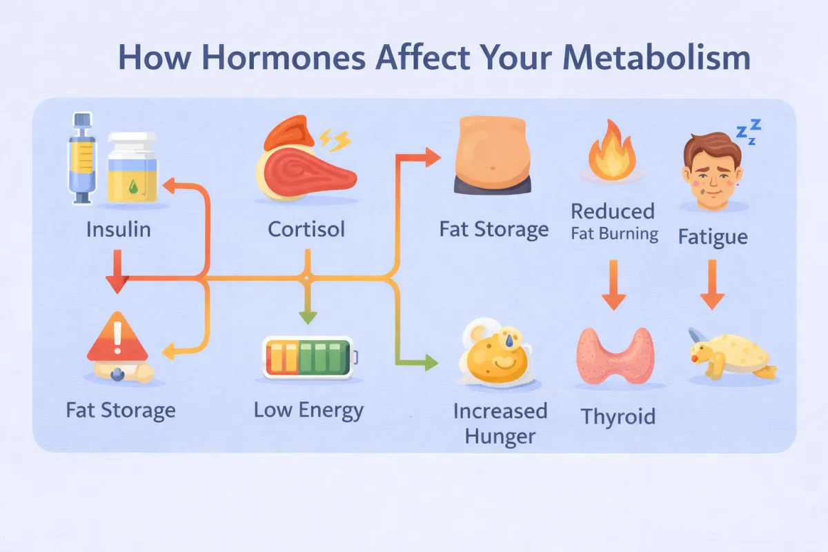 How hormones affect metabolism showing insulin cortisol thyroid and leptin influencing fat storage energy levels hunger and fat burning