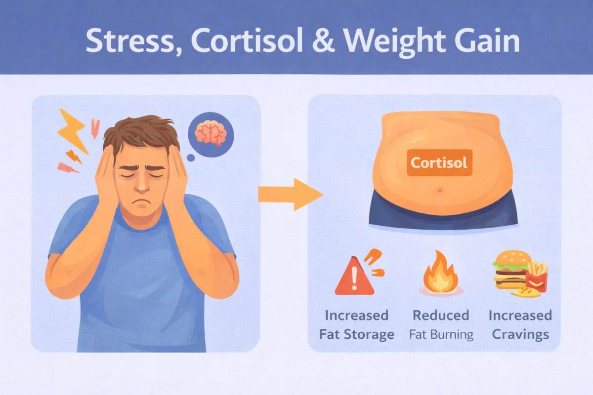Stress and cortisol causing weight gain showing increased fat storage belly fat reduced fat burning and higher cravings