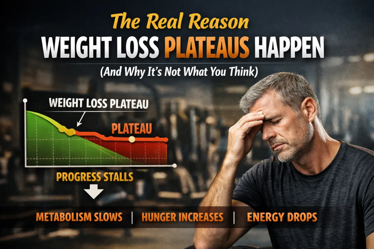 A visual representation of a weight loss plateau showing a flat progress line alongside a fatigued middle-aged man, symbolizing metabolic slowdown and stalled fat loss.