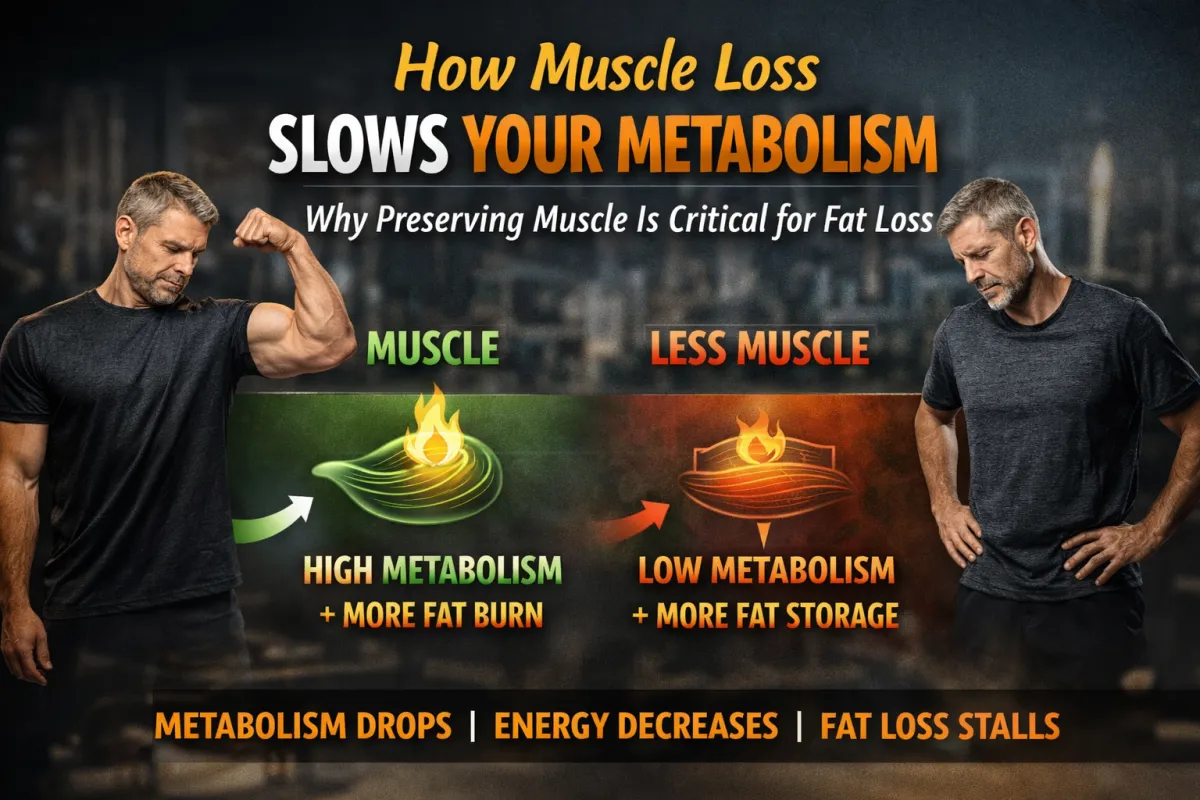 A side-by-side visual showing muscle loss and reduced metabolic activity, highlighting how decreased muscle mass leads to slower metabolism and increased fat storage.