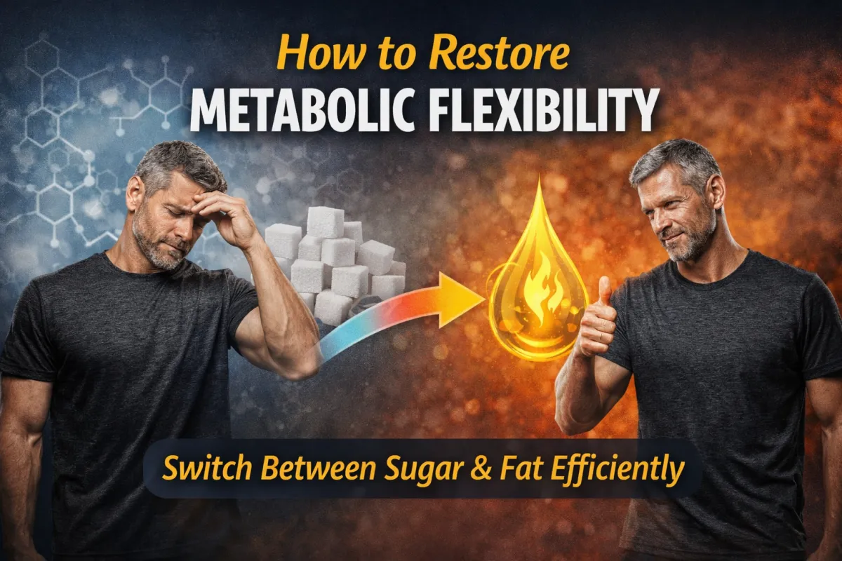 A visual representation of metabolic flexibility showing the body switching between burning sugar and fat as fuel, with stable energy levels throughout the day.